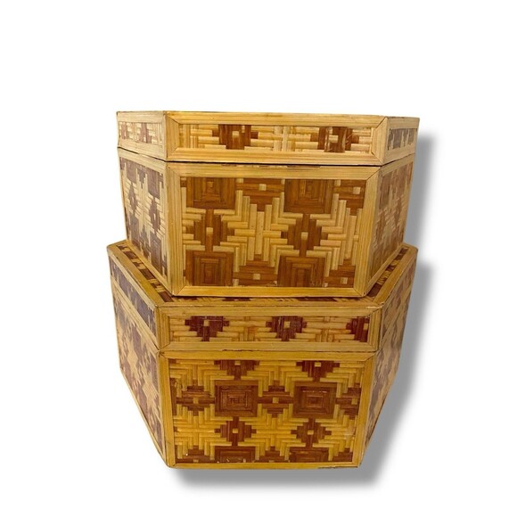 Vtg Chinese Bamboo Straw Rattan Hand Made Trinket Boxes Hexagonal Pair Nesting - Picture 4 of 16